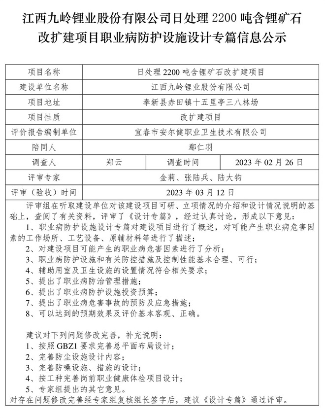 江西九嶺鋰業(yè)股份有限公司日處理2200噸含鋰礦石改擴建項目職業(yè)病防護設施設計專篇信息公示.jpg