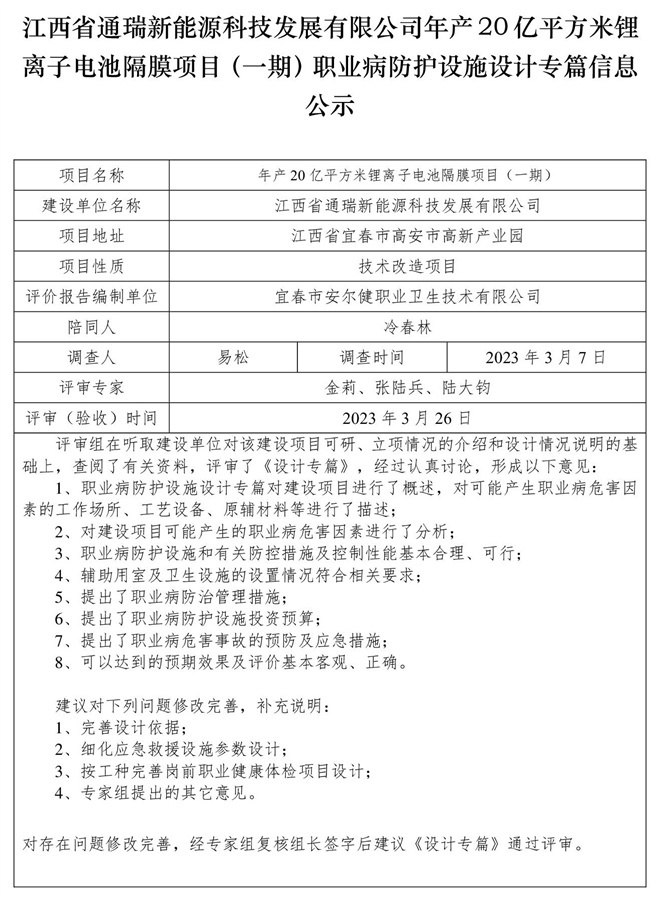 1679975659256979.jpg 江西省通瑞新能源科技發(fā)展有限公司年產(chǎn)20億平方米鋰離子電池隔膜項目(一期)職業(yè)病防護設(shè)施設(shè)計專篇信息公示.jpg